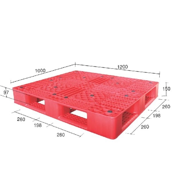 Pallet nhựa đỏ mặt lưới ba chân ghi kích thước 1000x1200x150 mm