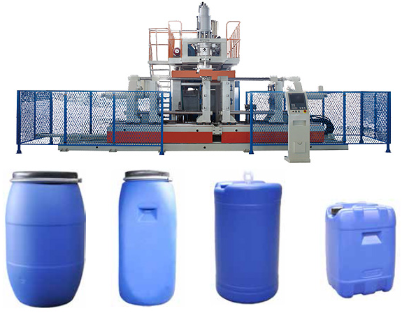 Máy thổi nhựa lớn và bốn sản phẩm nhựa xanh dương gồm phuy và can