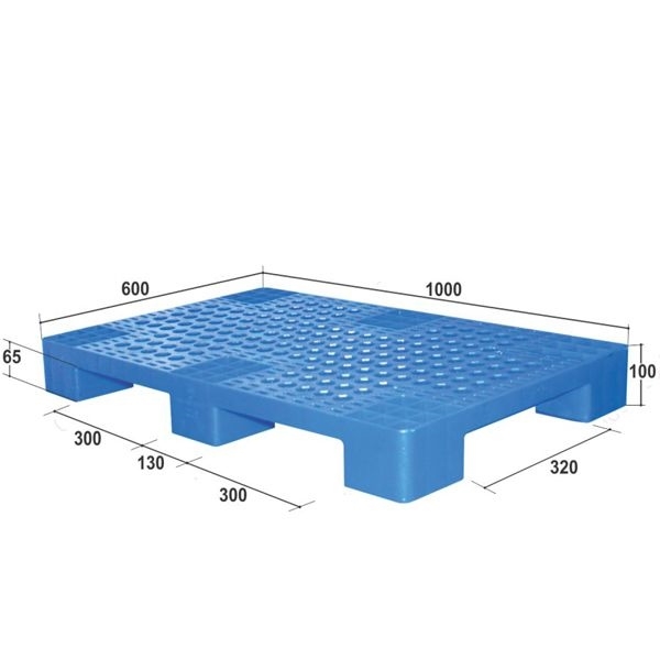 Pallet nhựa xanh dương 600x1000 mm ba chân hộp, ghi kích thước