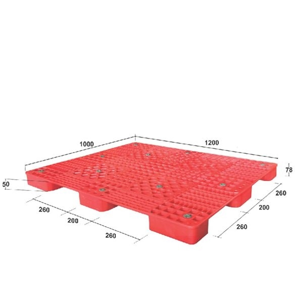 Pallet nhựa đỏ ba chân hộp, ghi kích thước 1000x1200 mm