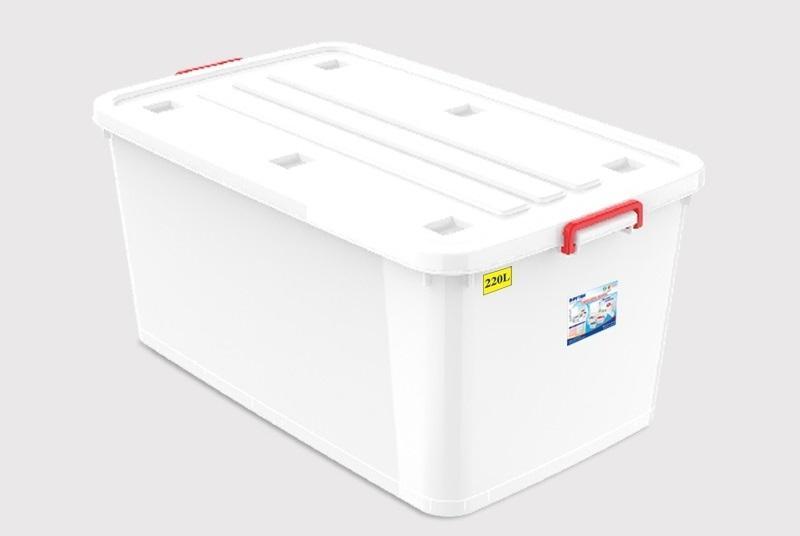 Thùng nhựa trắng nắp đậy có hai quai đỏ, ghi dung tích 220L