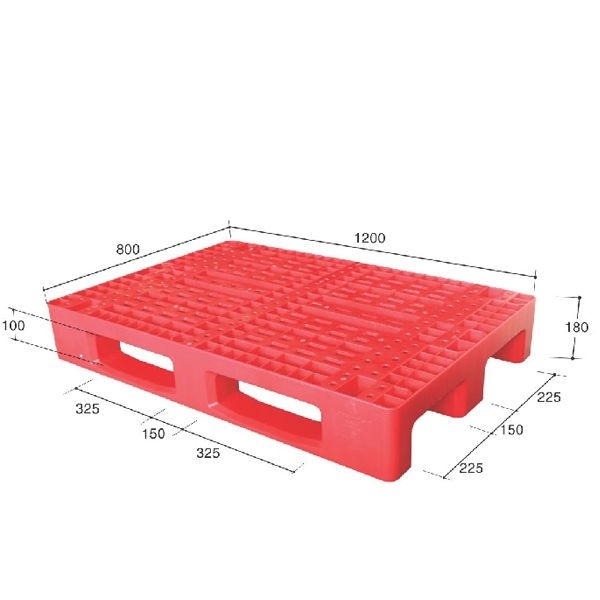 Pallet nhựa đỏ ba chân hai lối nâng kèm kích thước 1200x800x180 mm